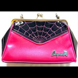 Sourpuss Pink Glitter Vinyl Purse with Spiderweb design